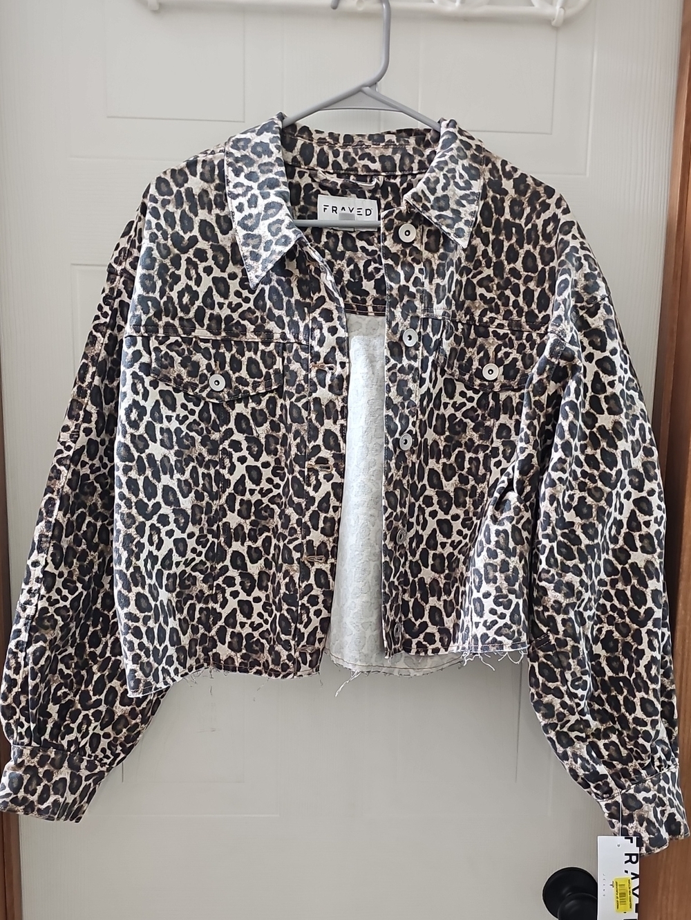 FRAYED Leopard Print Cropped Denim Jacket - Brown/Black